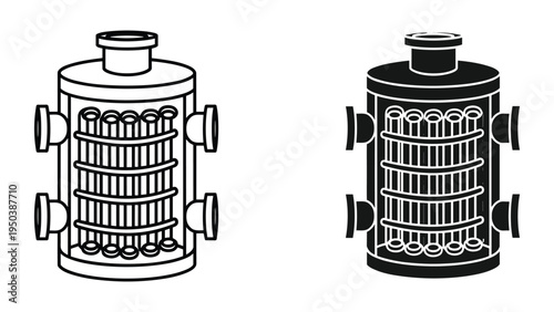 Heat Exchanger Icon, Industrial Equipment and Engineering Symbols, Line Art and Silhouette Styles