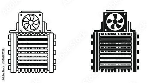 Radiator and Fan Vector Icons - Cooling System Components, Heat Exchanger, Automotive Parts