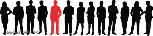 Business team silhouettes with one red highlighted person representing leadership, recruitment selection, individuality, human resources hiring concept, standout employee among corporate workforce