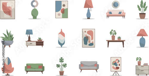 Pixel art collection of abstract art, furniture, and plants for decor