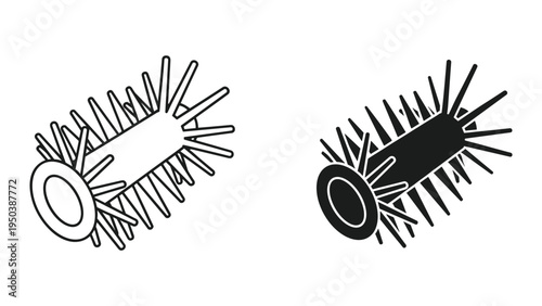 Line Art and Silhouette Icons of a Hair Roller Brush with Spikes