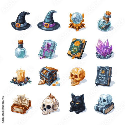 Fantasy magic objects icon set – witch hat, potion bottles, spell books, crystal ball, skulls and mystical items illustration