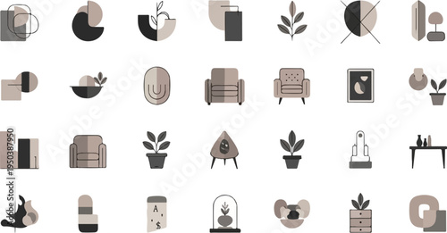A collection of flat design icons featuring abstract shapes, plants, and furniture