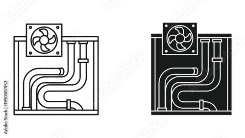 Ventilation System with Fan and Pipes - Line Art and Silhouette Icons