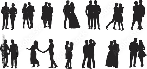 Couple silhouettes collection showing romantic couples standing, hugging, and holding hands isolated on white background, love relationship people vector illustration set
