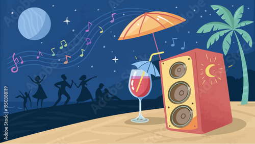 Beach party scene with speaker cocktail and umbrella on sandy shore at night