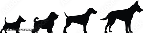 Dog breed silhouettes set showing different sizes from small to large isolated on white background, domestic canine collection vector illustration for pet design