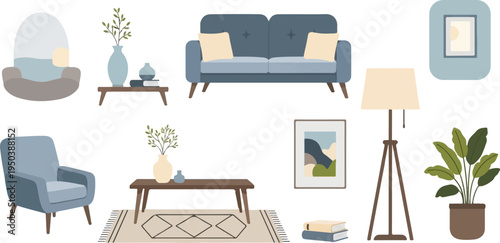 A minimalist living room scene with a blue sofa, armchairs, plants, lamps, and art