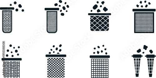 Eight different trash cans with various patterns and lids emitting smoke