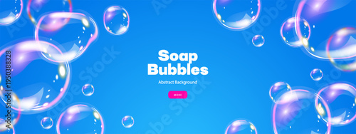 Realistic flying soap bubbles. Glossy volume rounded aqua droplet. 3D glass liquid shape with holographic effect. 3D vector illustration.