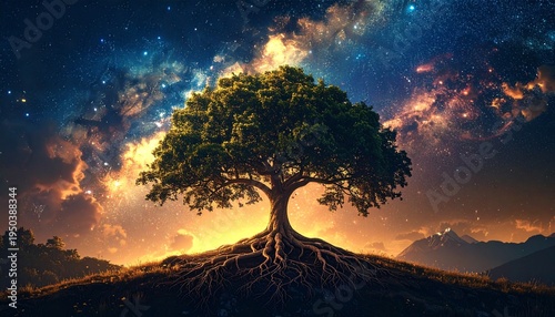 Majestic Tree of Life Under a Starry Sky - A Symbol of Connection.