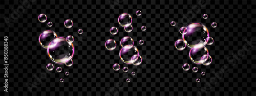 Realistic stream of soap bubbles set on transparent background. Glossy volume rounded aqua droplet. 3D glass liquid shapes with holographic effect. Vector illustration.