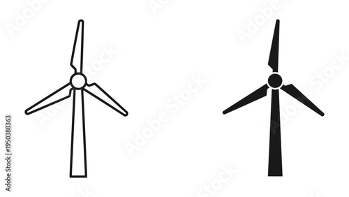 Wind Turbine Icon Set: Line Art and Solid Silhouette for Renewable Energy and Sustainability Concepts
