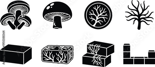 A collection of black and white illustrations of various fungi and blocks