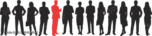 Row of business people silhouettes with one red highlighted individual symbolizing leadership, uniqueness, recruitment selection, team diversity, human resources hiring concept isolated background