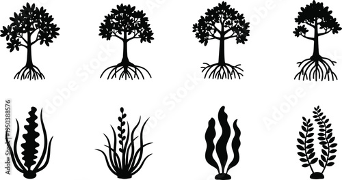 Collection of tree and plant silhouettes for botanical illustrations