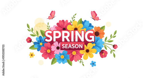 Colorful floral illustration celebrating the spring season with blooming flowers and butterflies on a white background