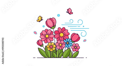 Colorful illustration of blooming flowers and butterflies for spring season business decoration with a floral blossom background