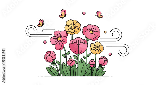 Colorful illustration of blooming flowers and butterflies for spring equinox decoration with a floral background