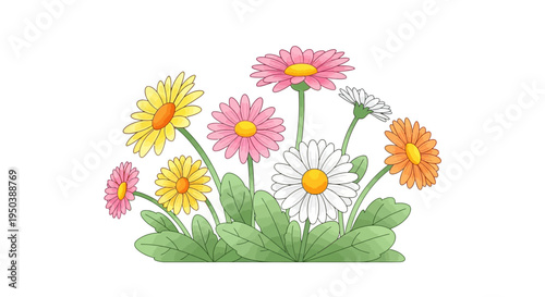 Colorful illustration of blooming flowers in a garden on the spring equinox with a natural background and floral decoration