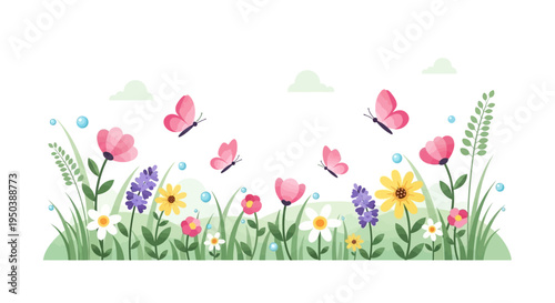 Colorful illustration of blooming flowers and butterflies in a vibrant spring nature background with a floral decoration and pink blossoms