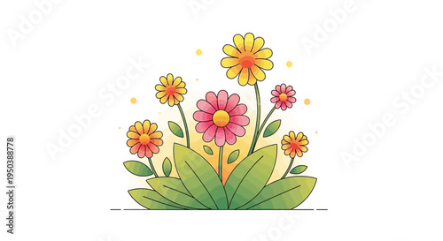 Colorful illustration of blooming flowers for spring season business decoration with pink, yellow, and orange hues on a white background