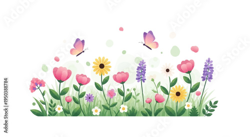 Colorful illustration of blooming flowers and butterflies for spring equinox decoration with a floral background