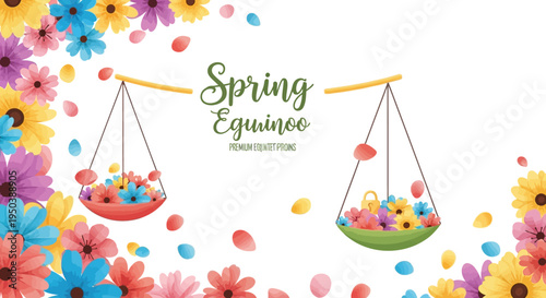 Colorful illustration of a spring equinox decoration with flowers and balanced bowls of colorful eggs on a white background