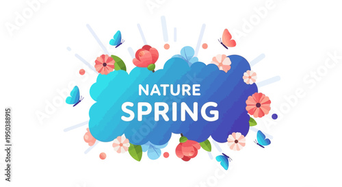 A colorful illustration of blooming flowers and butterflies for the March Equinox or First Day of Spring with a vibrant floral decoration