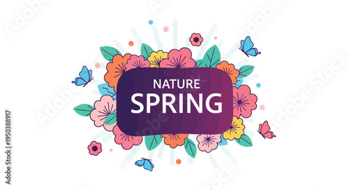 A colorful floral illustration with butterflies and flowers surrounding a purple text box that reads 'NATURE SPRING' on a white background