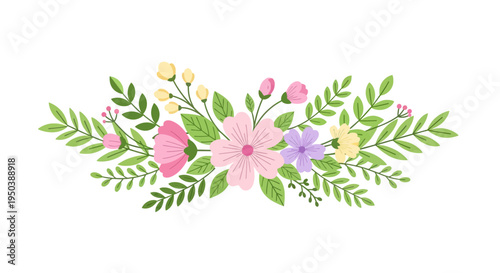 Colorful floral illustration of blooming flowers and leaves on a white background for spring decoration