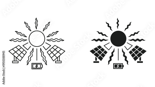 Solar energy generation with sun, solar panels, and battery icon