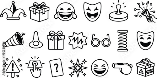 Set of 20 black line icons for comedy, gifts, and reactions vector