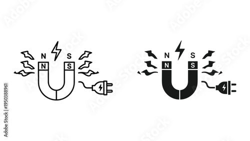 Horseshoe Magnet with North and South Poles, Electrical Plug, and Magnetic Field Lines