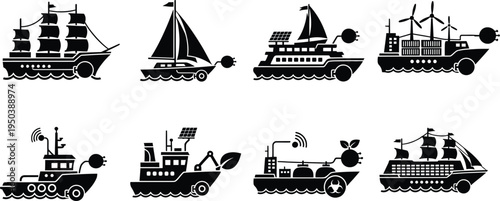 Collection of various ships and boats in black silhouette on white background