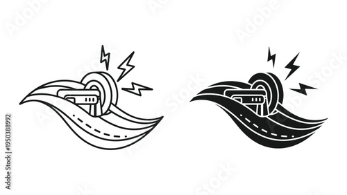 Electric Scooter Icon with Lightning Bolt Energy and Road Path - Line Art and Silhouette