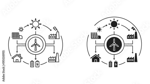Renewable Energy Sources and Distribution Diagram: Solar, Wind, Batteries, Home, Industry