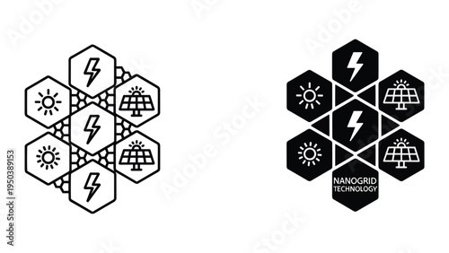 Nanogrid Technology Hexagonal Icons: Solar Power, Energy and Lightning Bolt Symbols