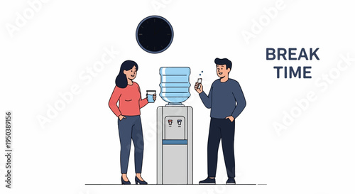 Colleagues on a break, getting drinks from a water cooler near a clock