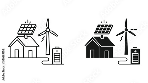Sustainable Energy Icons: House with Solar Panel, Wind Turbine, and Battery Storage