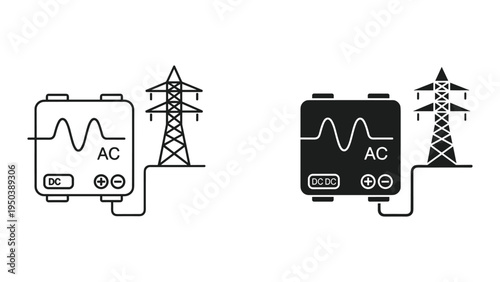 AC DC Power Conversion and Electricity Transmission Icons, Vector Illustration