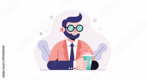 Stylized bearded man in glasses holding a beverage