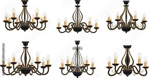 Vector illustration of elegant chandeliers with candle lights in black and gold designs for interior and decorative artwork