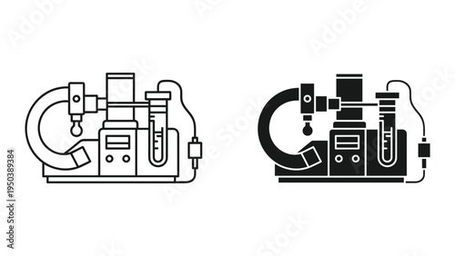 Scientific research equipment icon, laboratory apparatus, test tube, microscope, beaker, precision instrument