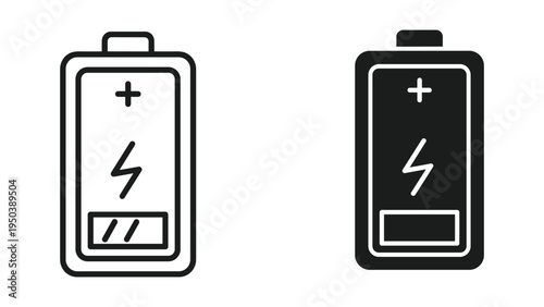 Battery icon, line art and solid silhouette, representing energy and charging