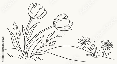 Elegant hand-drawn floral vector illustration depicting blooming tulips and daisies on a spring meadow, perfect for design projects and tranquil coloring pages