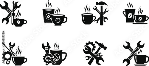 Black and white coffee cup icons with tools and steam