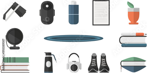 Collection of everyday and academic items on a white background