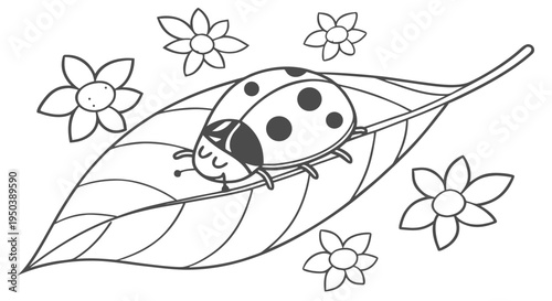 Sweet ladybug peacefully napping on a delicate leaf, surrounded by whimsical blossoms, a charming outline illustration for coloring fun