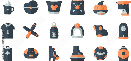 Collection of stylized flat icons featuring food, clothing, and various objects